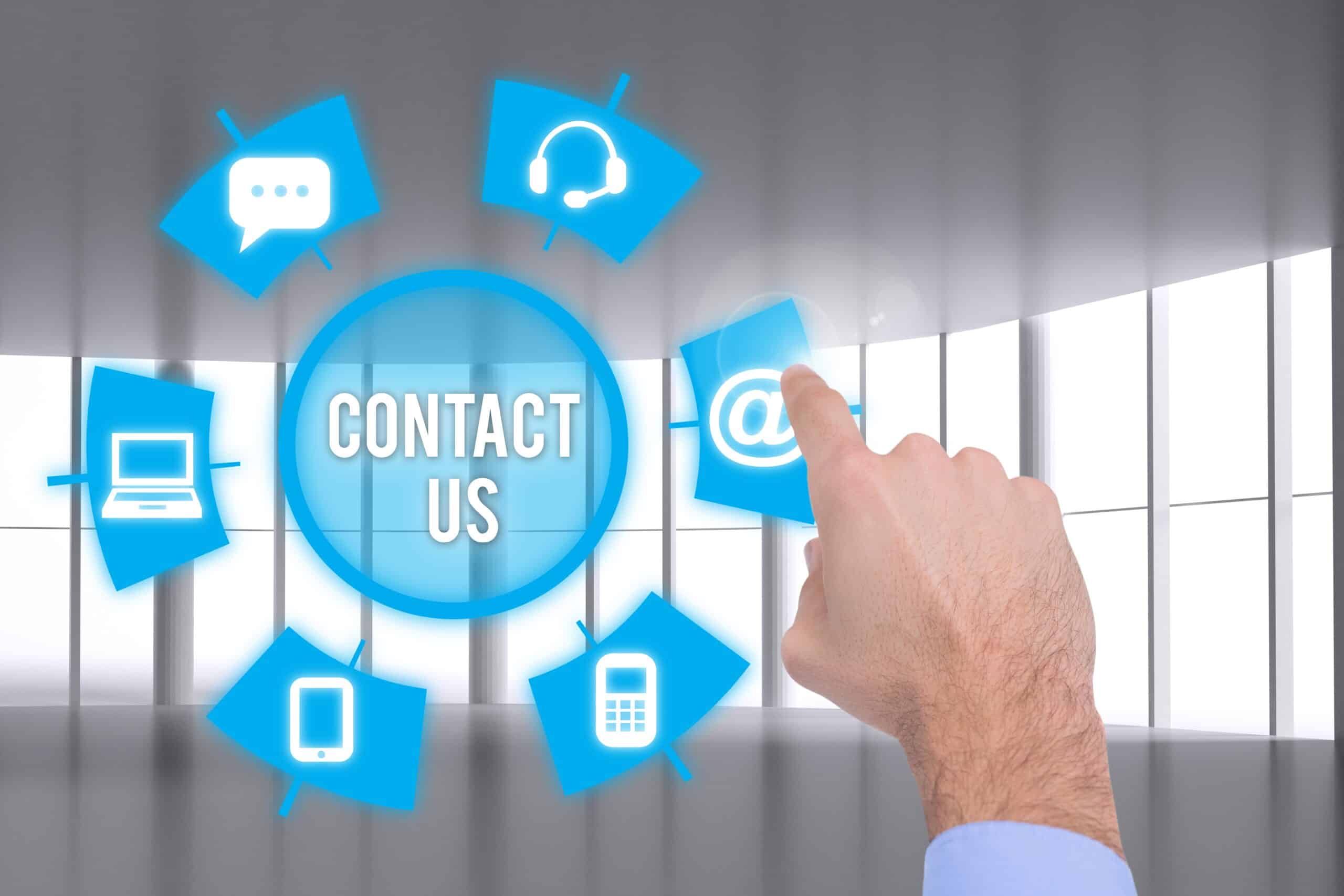 Hand pointing to an email icon beside a Contact Us graphic.